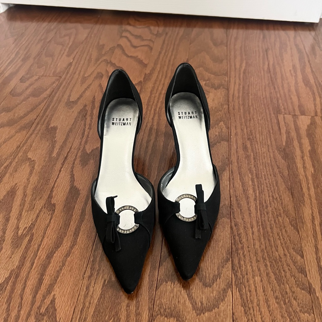 Stuart Weitzman D’orsay Bow Embellished Kitten Heels